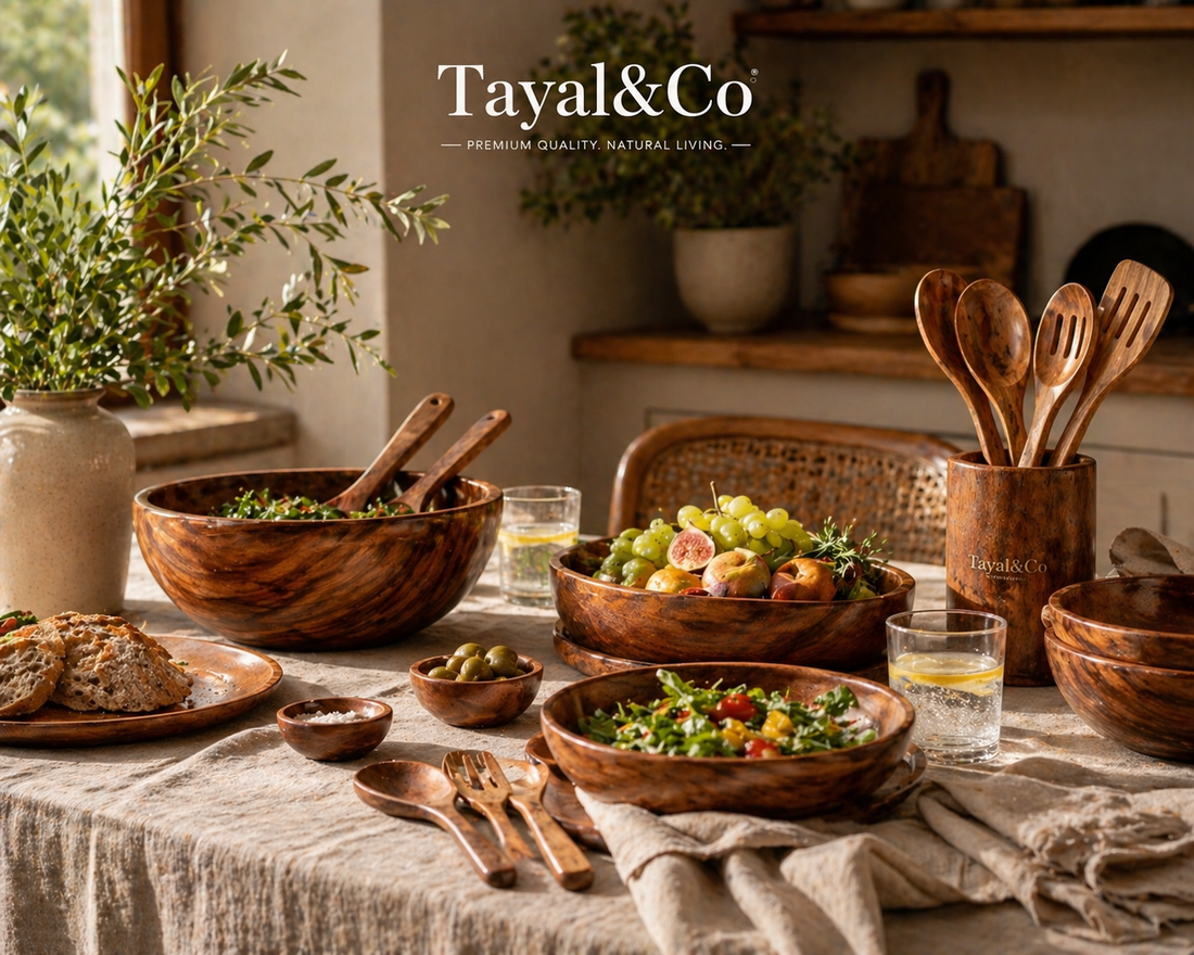 Tayal&amp;Co wooden kitchenware styled in a natural materials kitchen setting, featuring bowls and utensils enhancing a warm, mindful dining experience