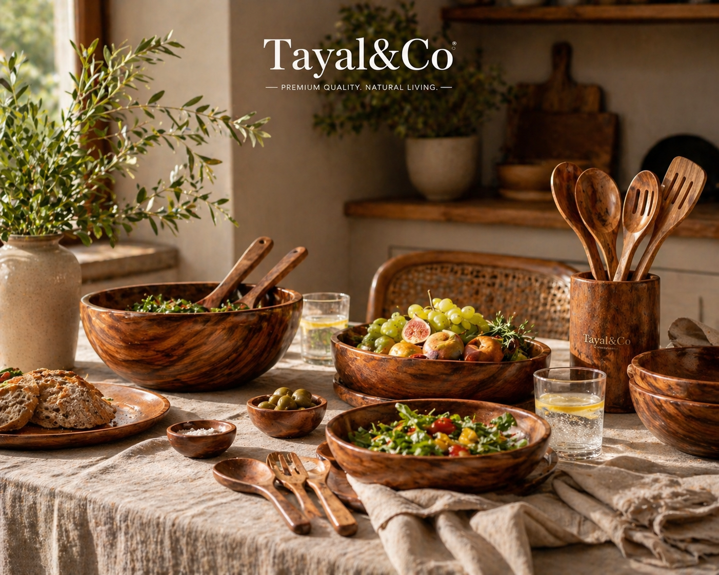 Tayal&amp;Co wooden kitchenware styled in a natural materials kitchen setting, featuring bowls and utensils enhancing a warm, mindful dining experience