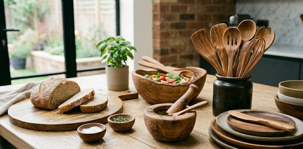 wooden kitchenware set with spoons bowls and bread board premium setup