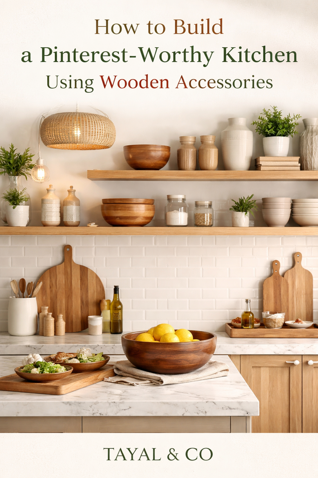 Pinterest-style modern kitchen featuring wooden accessories like bowls, cutting boards, and trays on open shelves, with neutral tones, marble countertop, soft lighting, and minimalist décor creating a warm, aesthetic space by Tayal & Co.