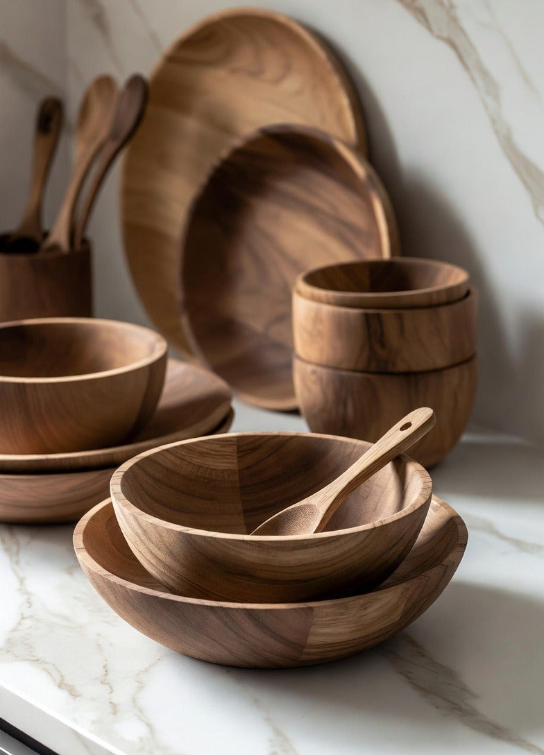 handcrafted wooden bowls and plates with spoon premium kitchenware Tayal and Co