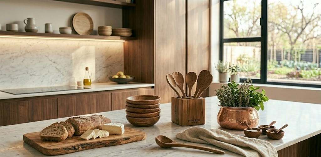 Sustainable and eco-friendly kitchenware including bamboo and wooden utensils displayed in a minimalist modern kitchen