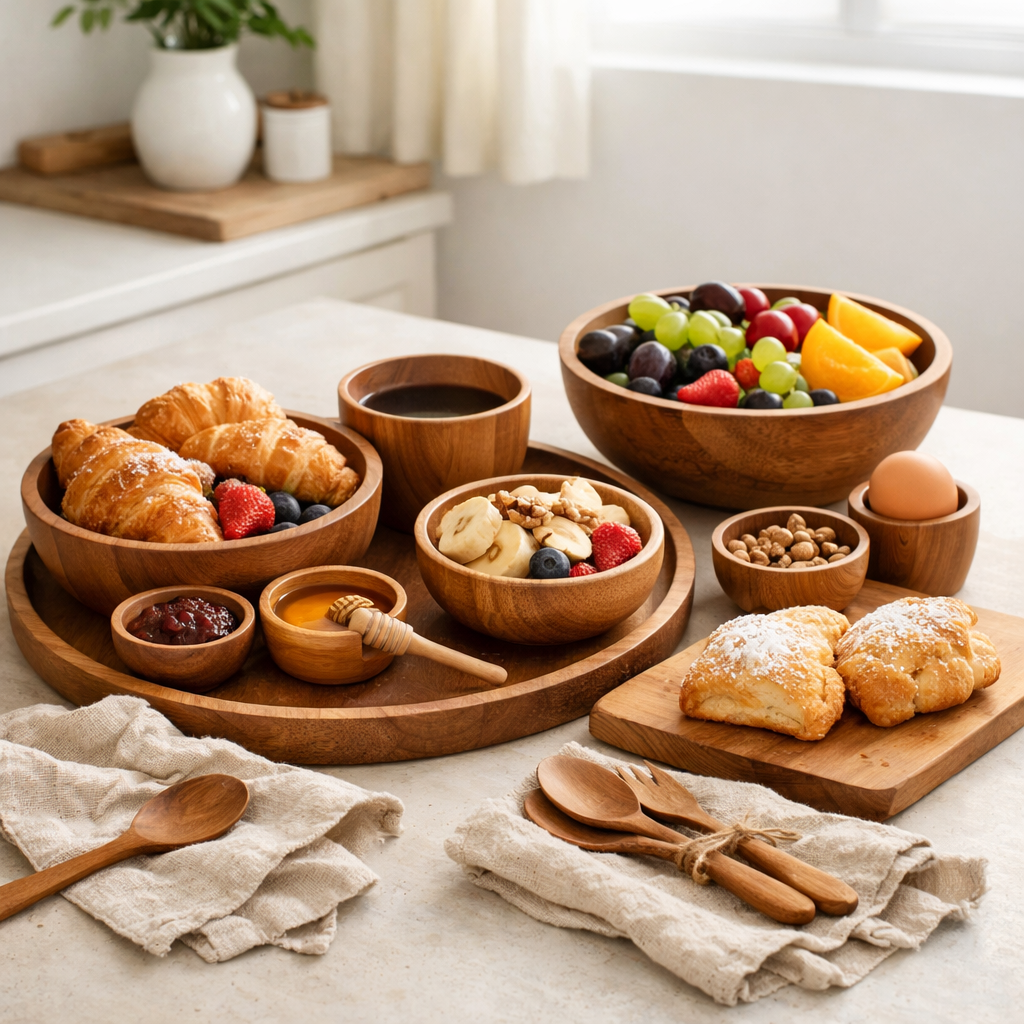A minimalist kitchen breakfast setup with wooden bowls and trays holding fresh fruit, pastries, and coffee, softly lit by natural light.