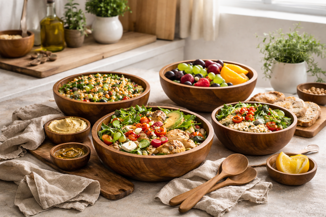 A rustic modern kitchen scene with handcrafted wooden bowls holding fresh salads, fruits, and grains, accented by linen cloths, soft greenery, and warm natural light enhancing earthy tones and wood textures.