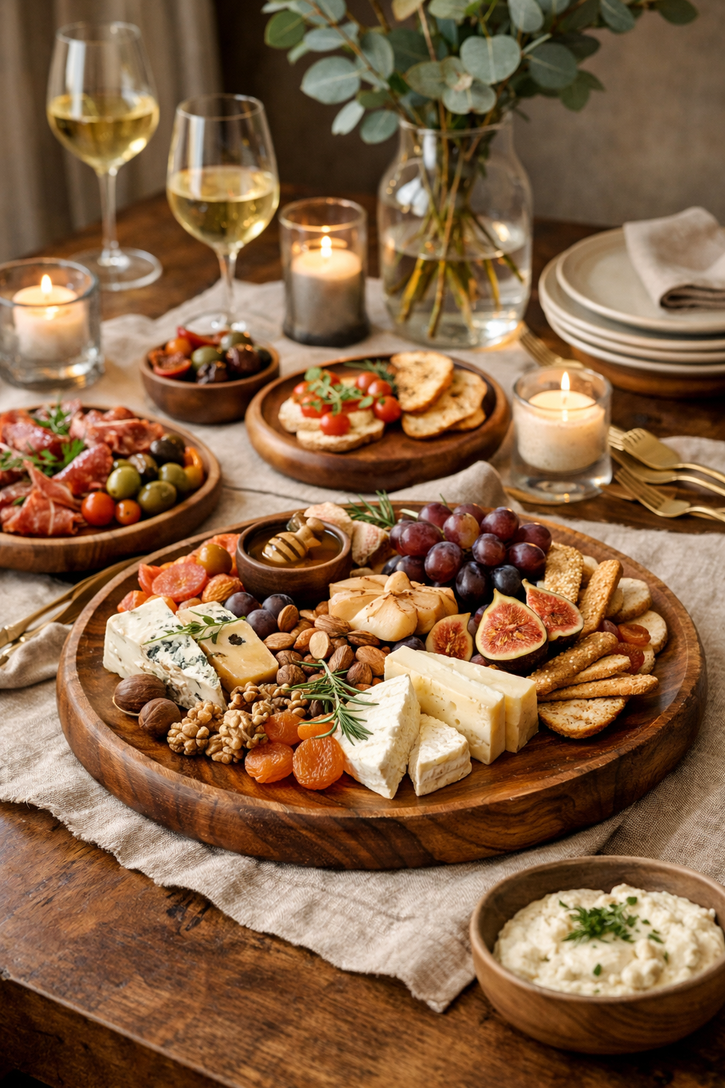 Handcrafted wooden platters by Tayal & Co. styled with gourmet food on a luxury dining table, enhancing presentation and premium dining experience
