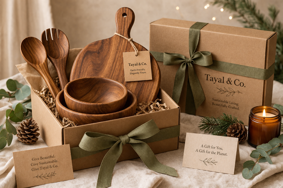 Eco-friendly wooden kitchenware gift set by Tayal & Co featuring handcrafted bowls, utensils, and sustainable packaging with natural elements and warm aesthetic styling