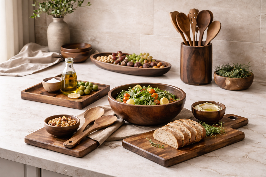 Functional luxury wooden kitchenware with premium dining accessories in a modern kitchen