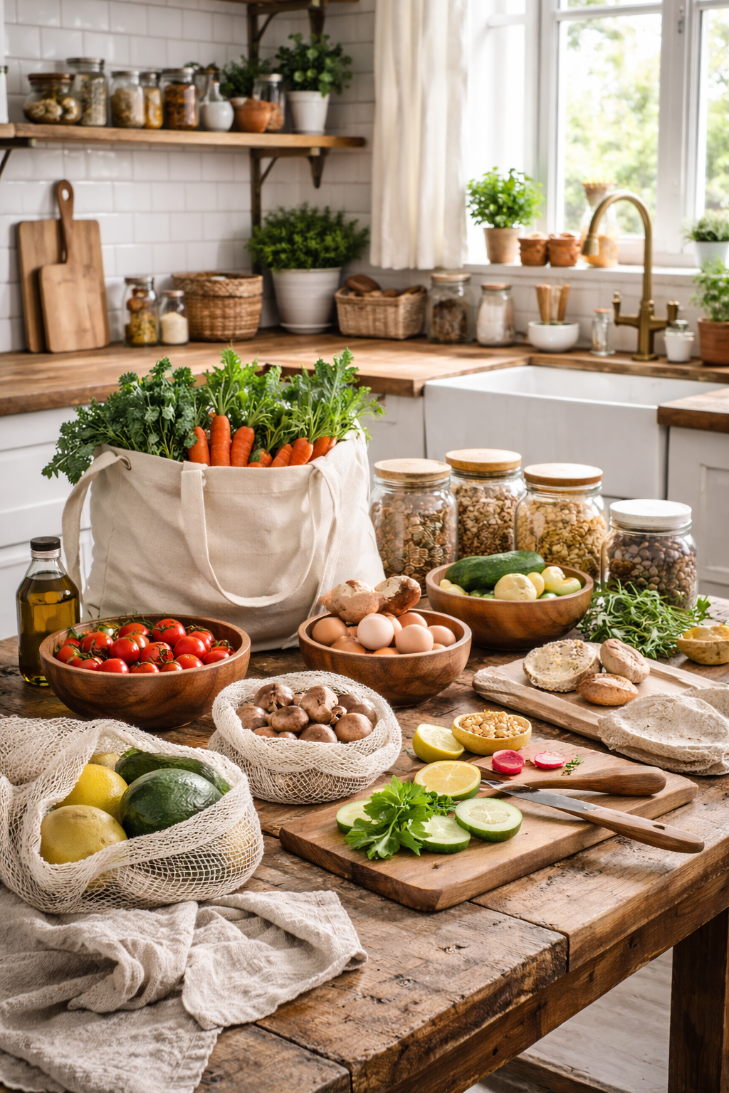 A rustic farmhouse kitchen with a wooden table filled with fresh vegetables, eggs, and pantry jars, alongside eco-friendly wooden utensils and a canvas tote of produce in warm natural light.