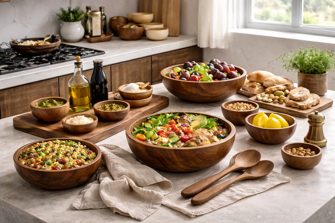 A modern kitchen island styled with elegant wooden kitchenware, including bowls, trays, and utensils, arranged with salads, bread, fruits, and condiments under soft natural light.