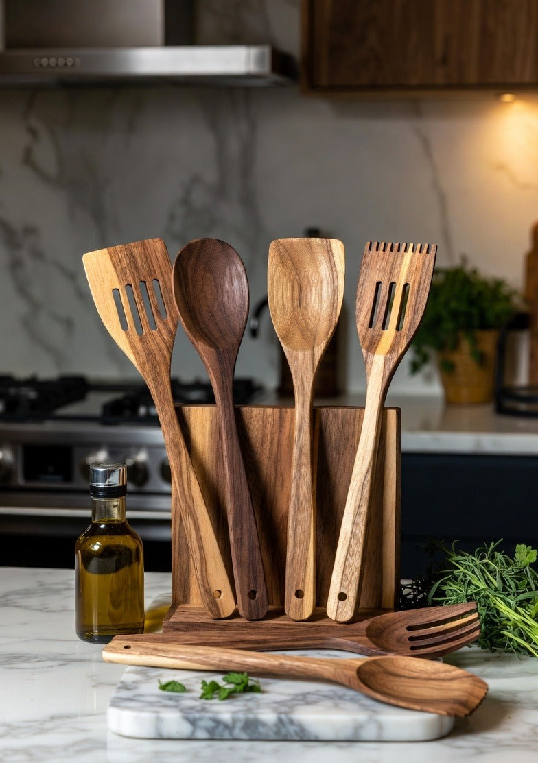 Premium wooden kitchen utensils set displayed on a marble countertop in a modern kitchen.