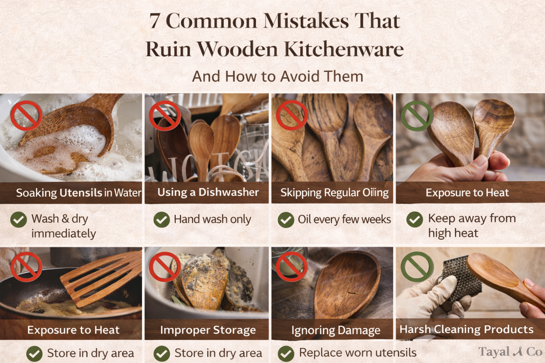 Infographic showing common mistakes that damage wooden kitchenware with correct care tips alongside