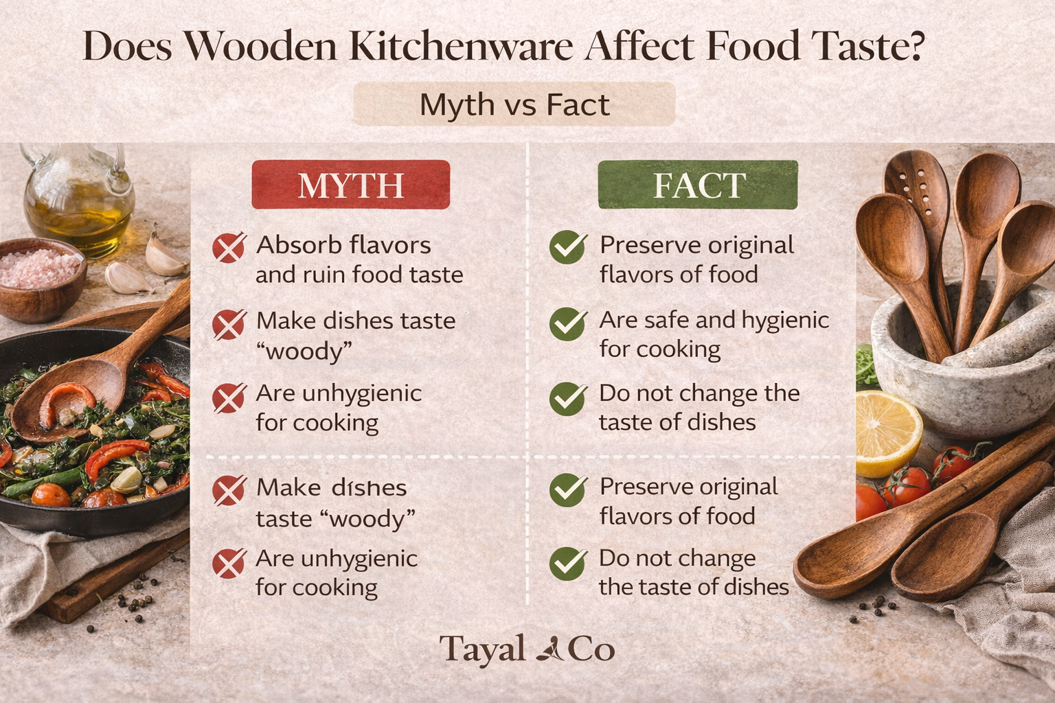Infographic debunking myths about wooden kitchenware affecting food taste, showing that wooden utensils are safe, hygienic, and preserve natural flavors
