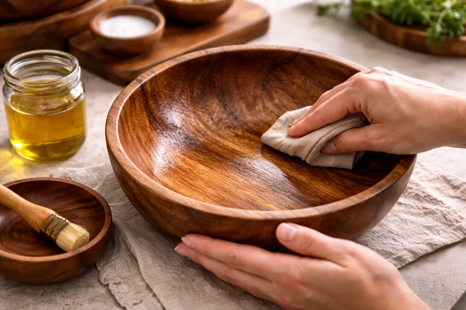 Wooden bowl being maintained with oil to prevent cracking and damage