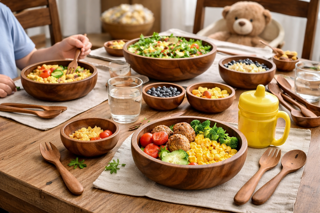 Family dining setup with wooden bowls and utensils safe for kids
