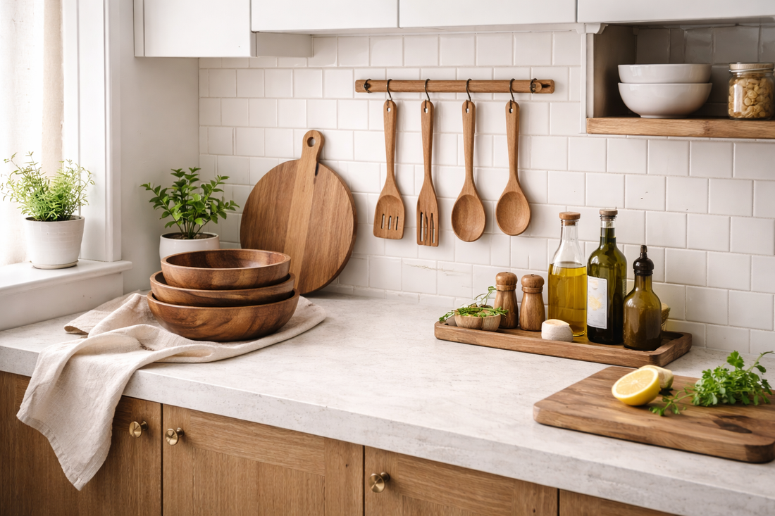 A compact modern kitchen with minimalist design, featuring neatly arranged wooden bowls, hanging utensils, and a clean countertop with a small tray of essentials, accented by soft natural light and subtle greenery in warm neutral tones.