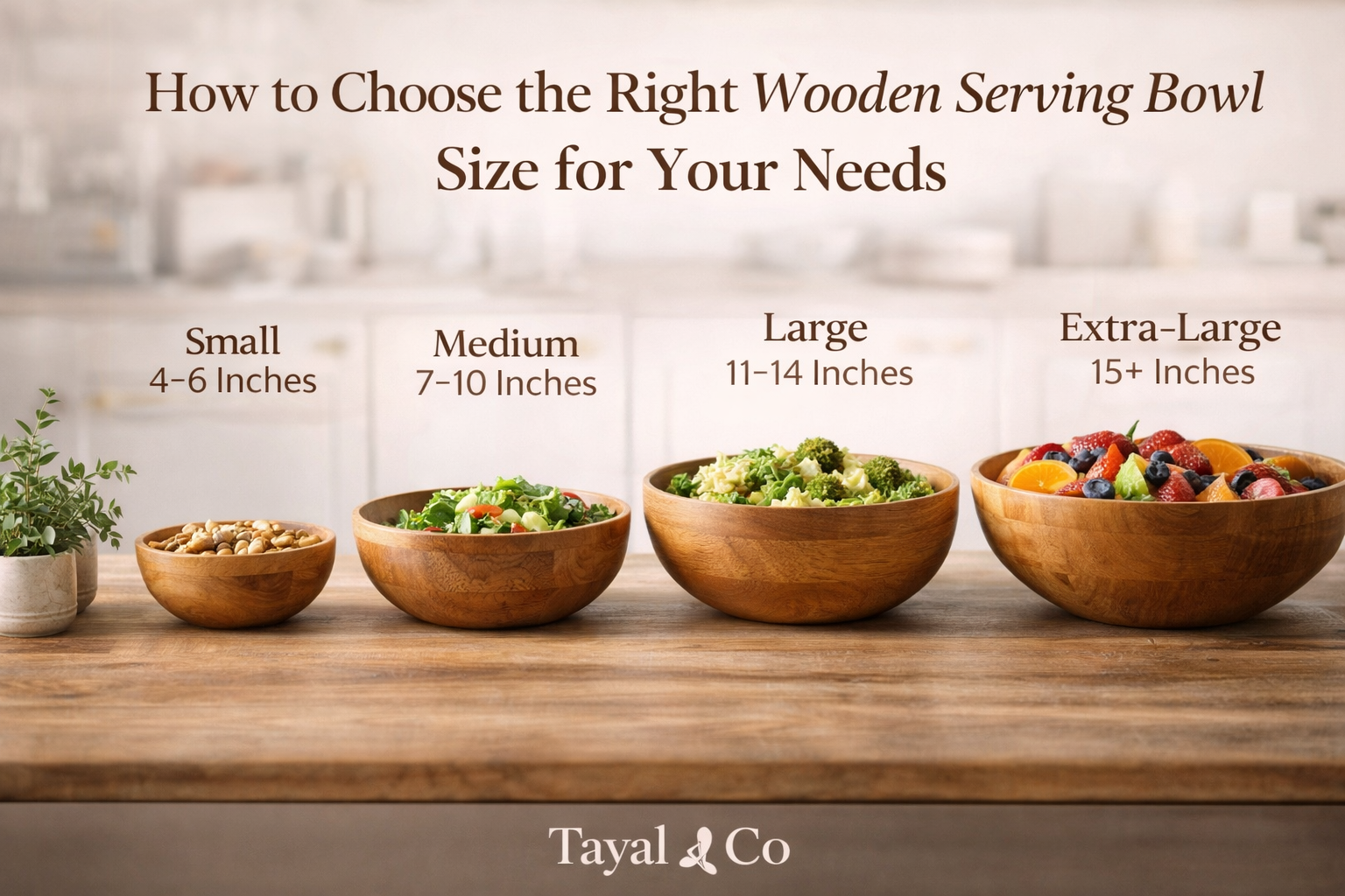 Wooden serving bowls in different sizes from small to extra-large displayed with food, illustrating a practical bowl size guide for kitchen use.