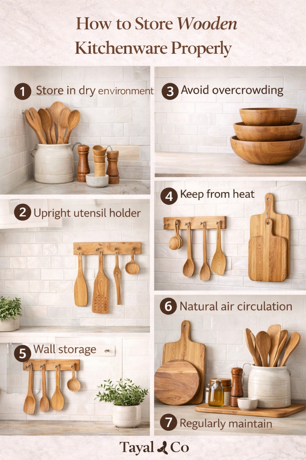 Infographic showing tips for storing wooden kitchenware properly, including upright utensil holders, stacked wooden bowls, wall-mounted storage, and organized kitchen setup with natural wood elements.