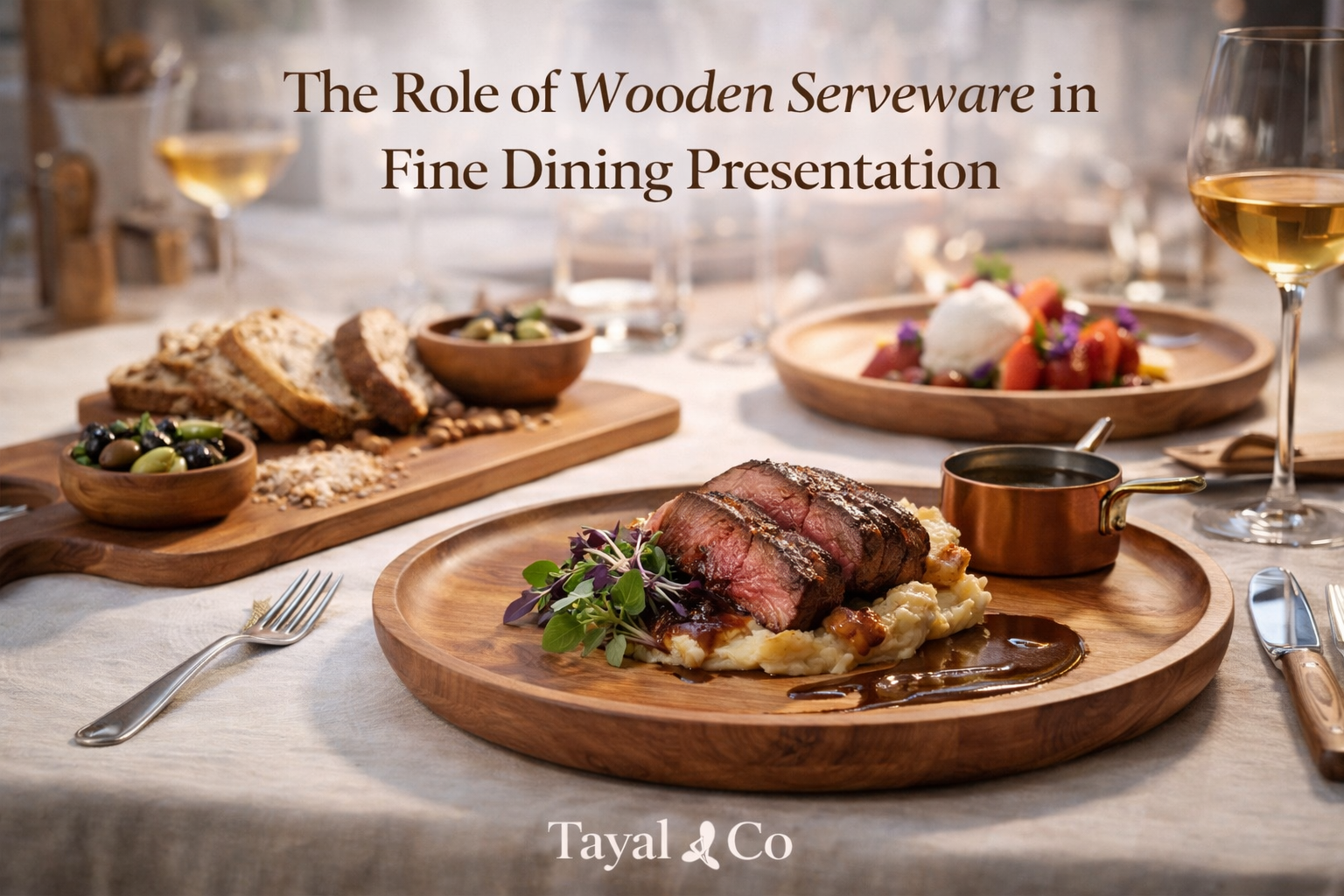 Fine dining presentation featuring gourmet dishes served on elegant wooden boards and bowls, with stylish table setting and warm ambient lighting creating a luxury dining experience.