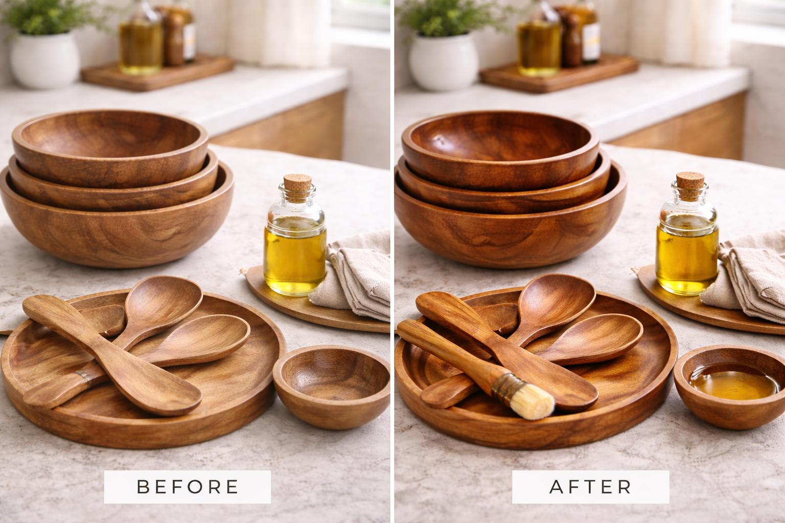 Split view of wooden kitchenware before and after oiling, showing dull dry surface on one side and rich polished shine on the other, with oil bottle and cloth in a modern kitchen setting.