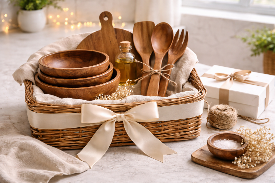 Luxury wooden kitchenware gift set with bowls, utensils, and cutting board arranged in elegant packaging on a modern kitchen countertop with soft warm lighting.