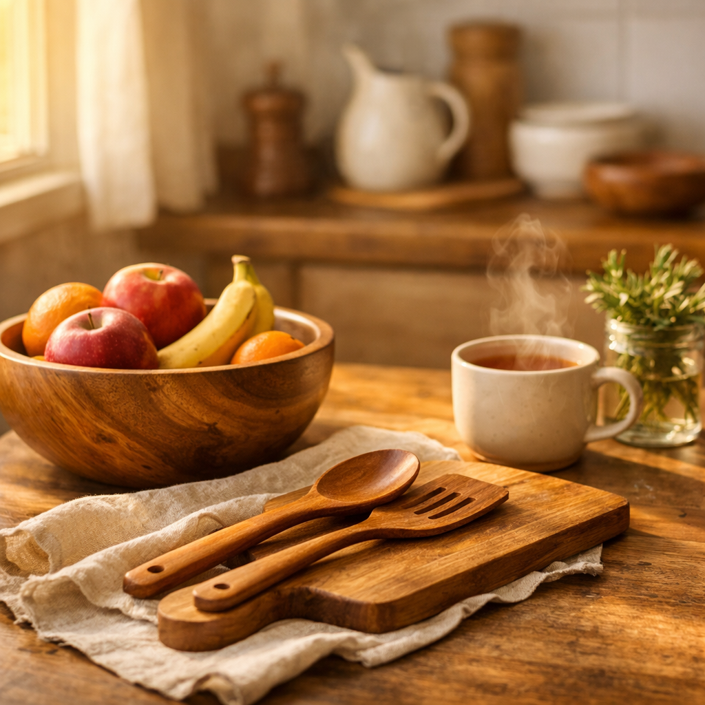 Cozy kitchen scene with wooden bowl of fruits, wooden spoons on a cutting board, and a steaming cup of tea in warm natural sunlight creating a homely atmosphere.