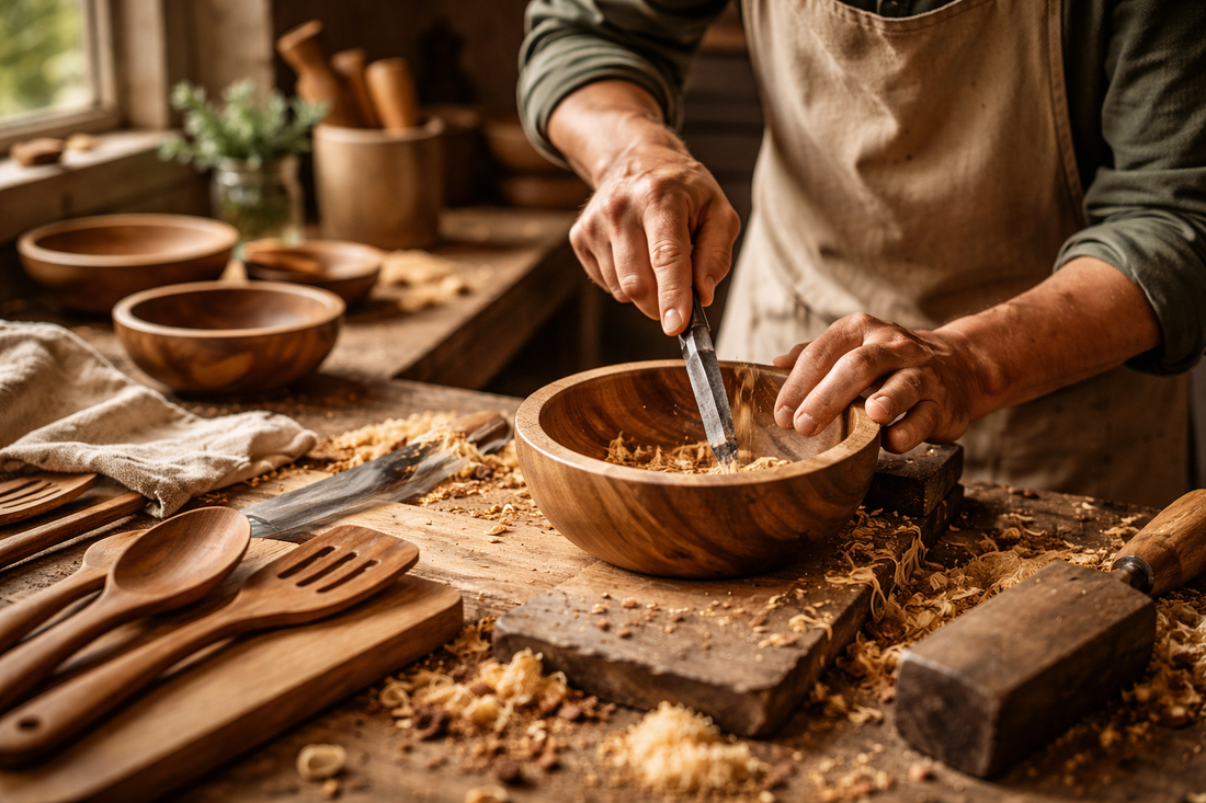Skilled artisan hand-carving a wooden bowl in a rustic workshop, surrounded by wooden utensils, tools, and natural wood shavings, highlighting the handcrafted kitchenware process.