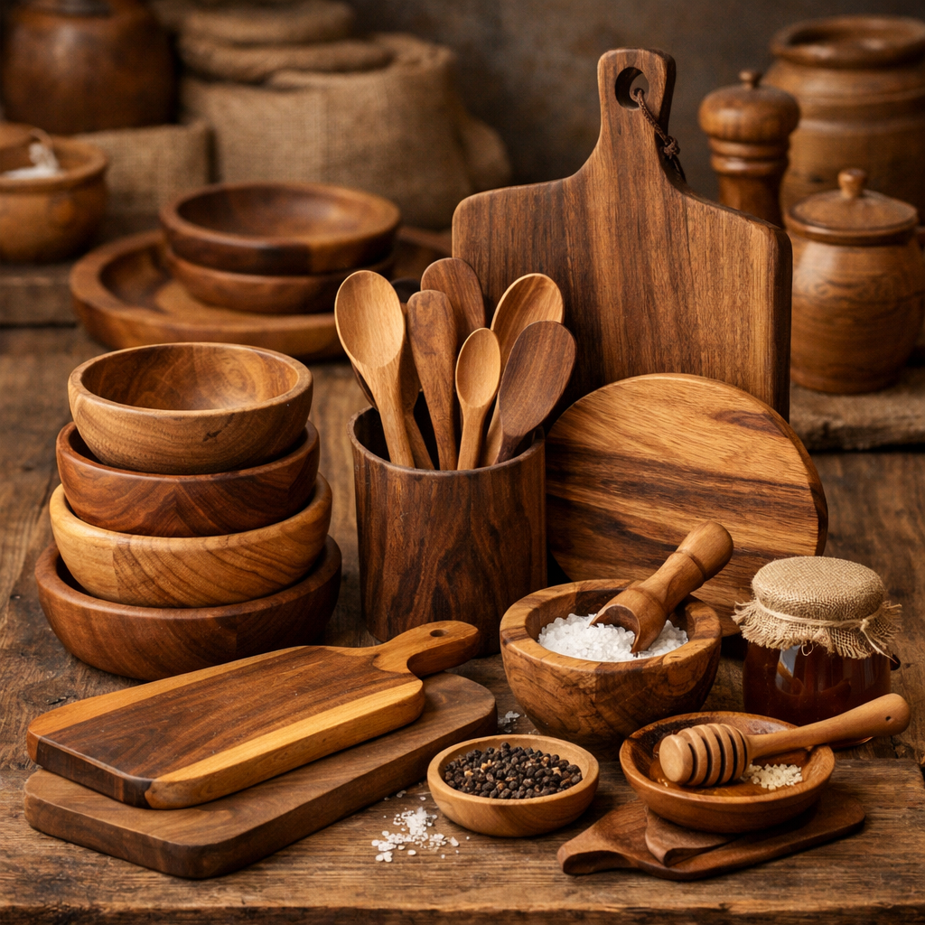 wooden kitchenware in an aesthetic wooden warmth and vibe 