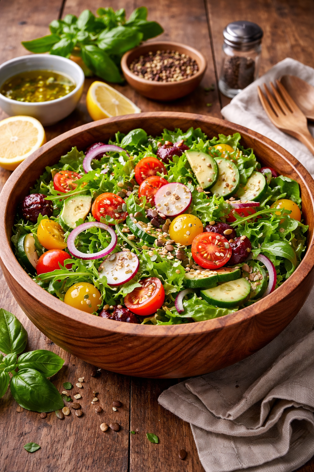 a wooden bowl with salad in it with small wooden bowls and spices 