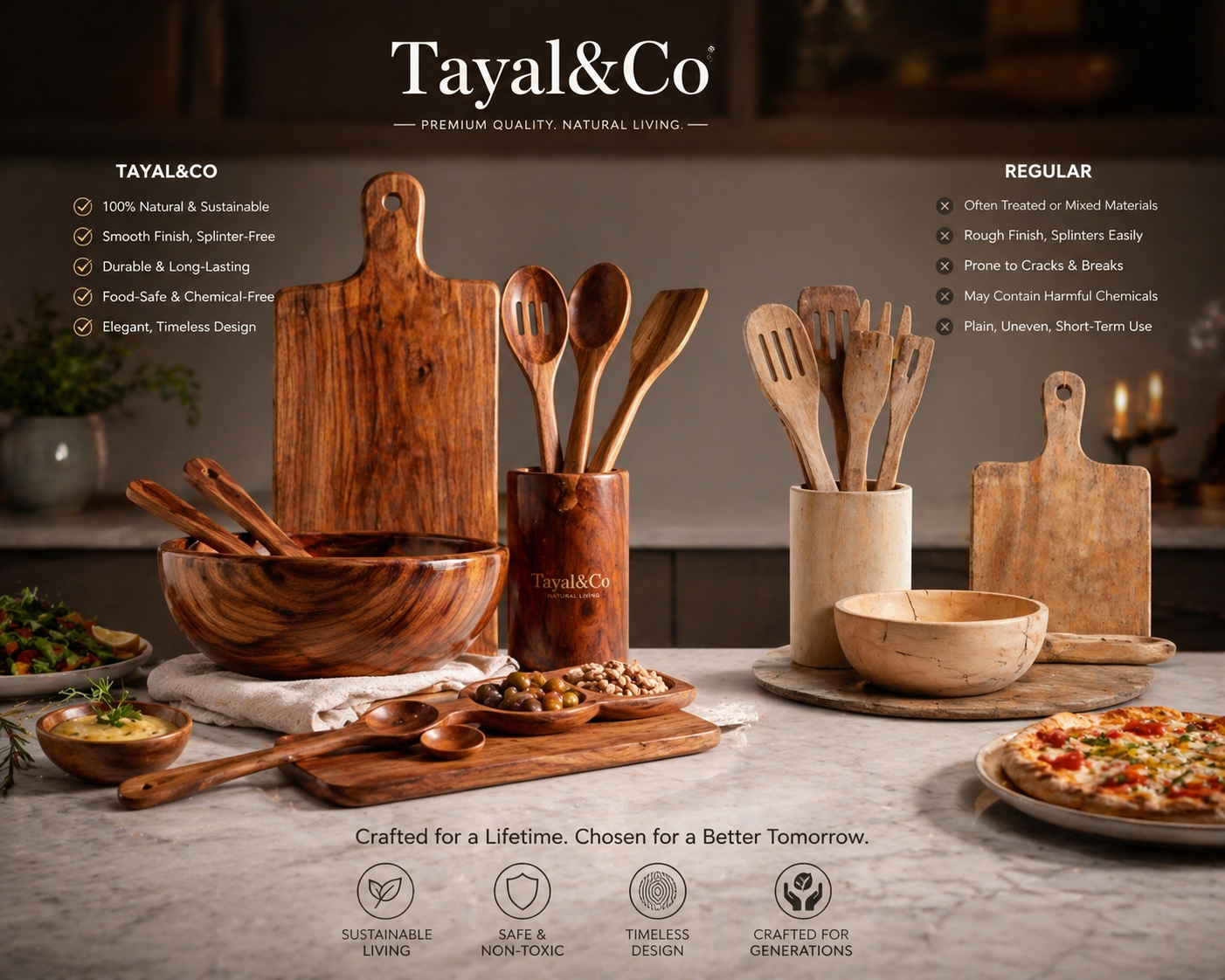 Tayal&amp;Co premium wooden kitchenware displayed in a modern kitchen, showcasing high-quality bowls, spoons, and luxury utensils with elegant finish