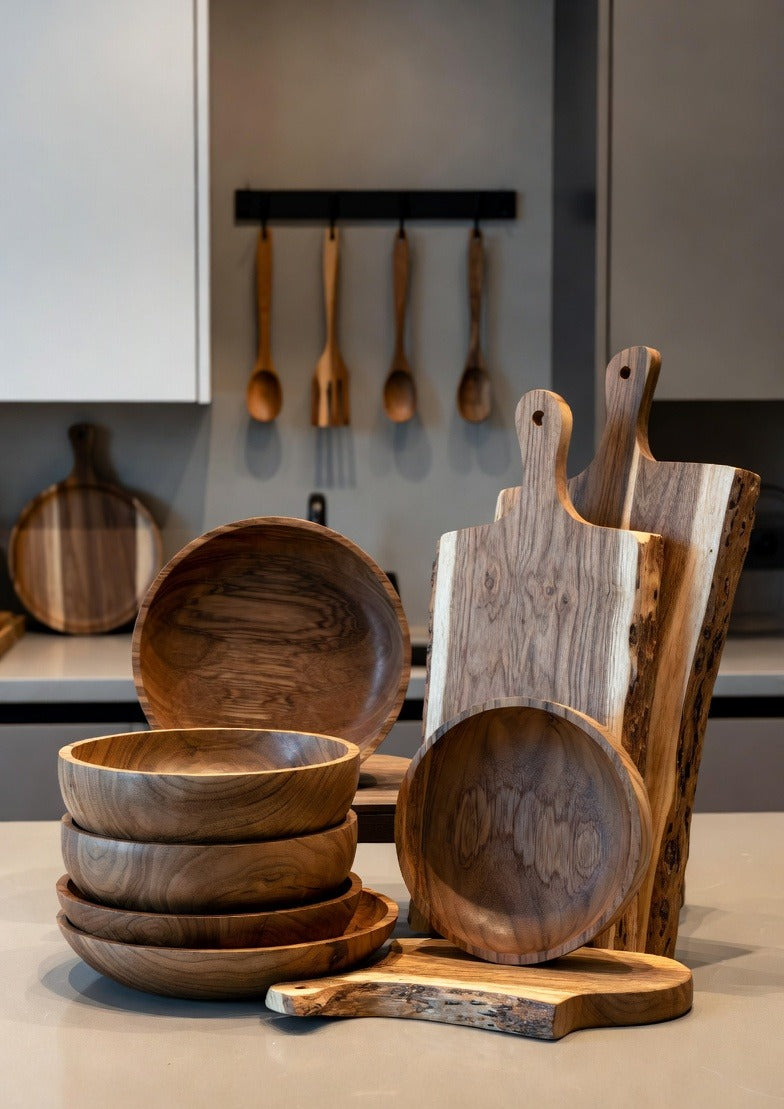 premium wooden kitchenware with cutting boards and bowls in modern kitchen Tayal and Co