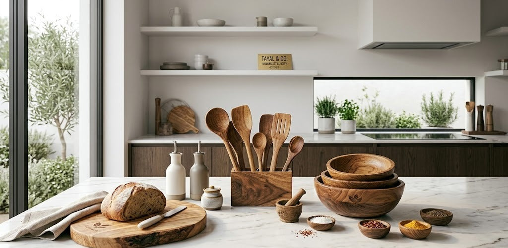 premium sustainable wooden kitchenware with bowls spoons and cutting board in modern minimalist kitchen Tayal and Co