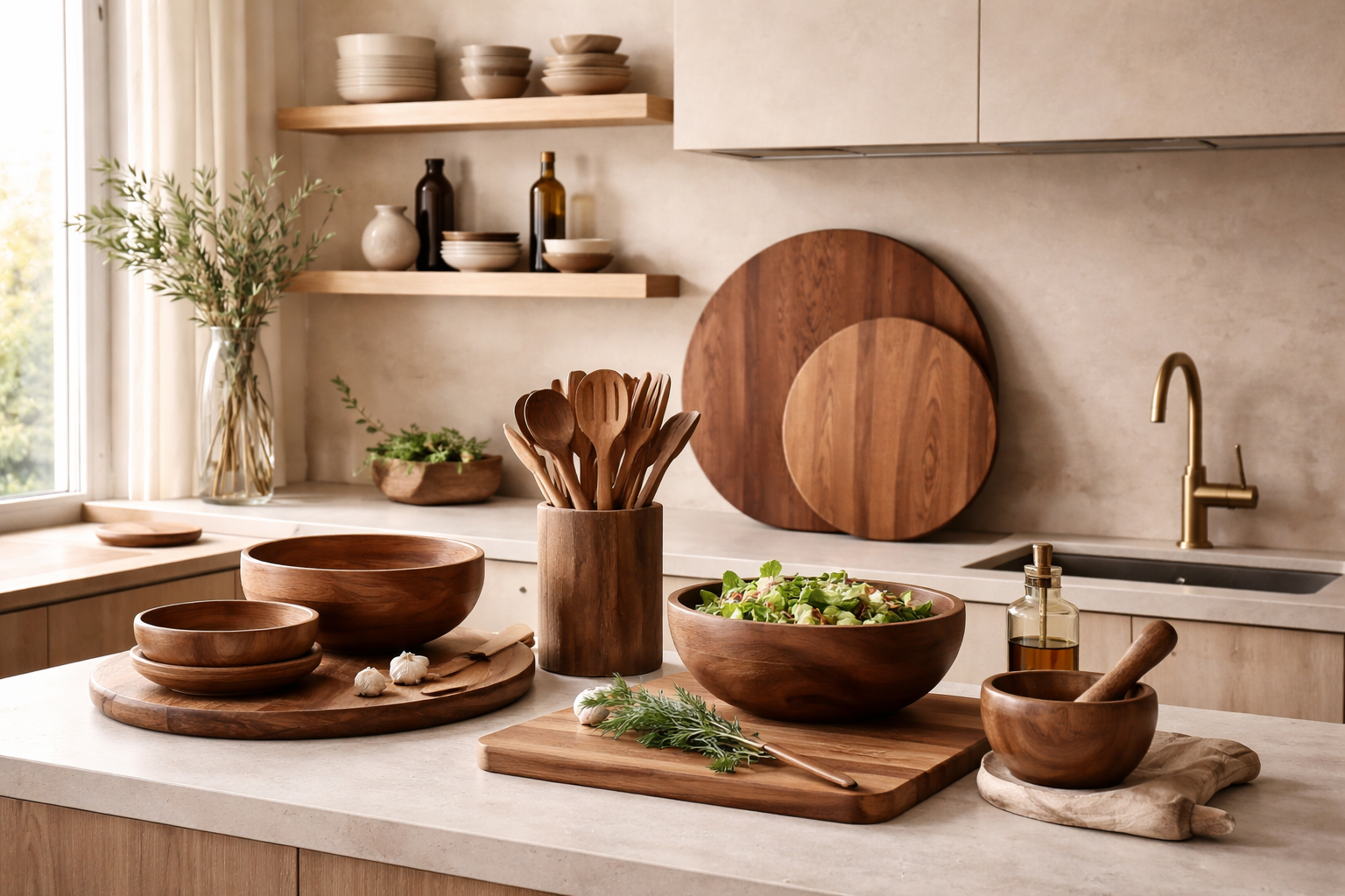 an aesthetic kitchen setup with wooden kitchenware having wooden bowl, spoons, spatula, mortal pestle 