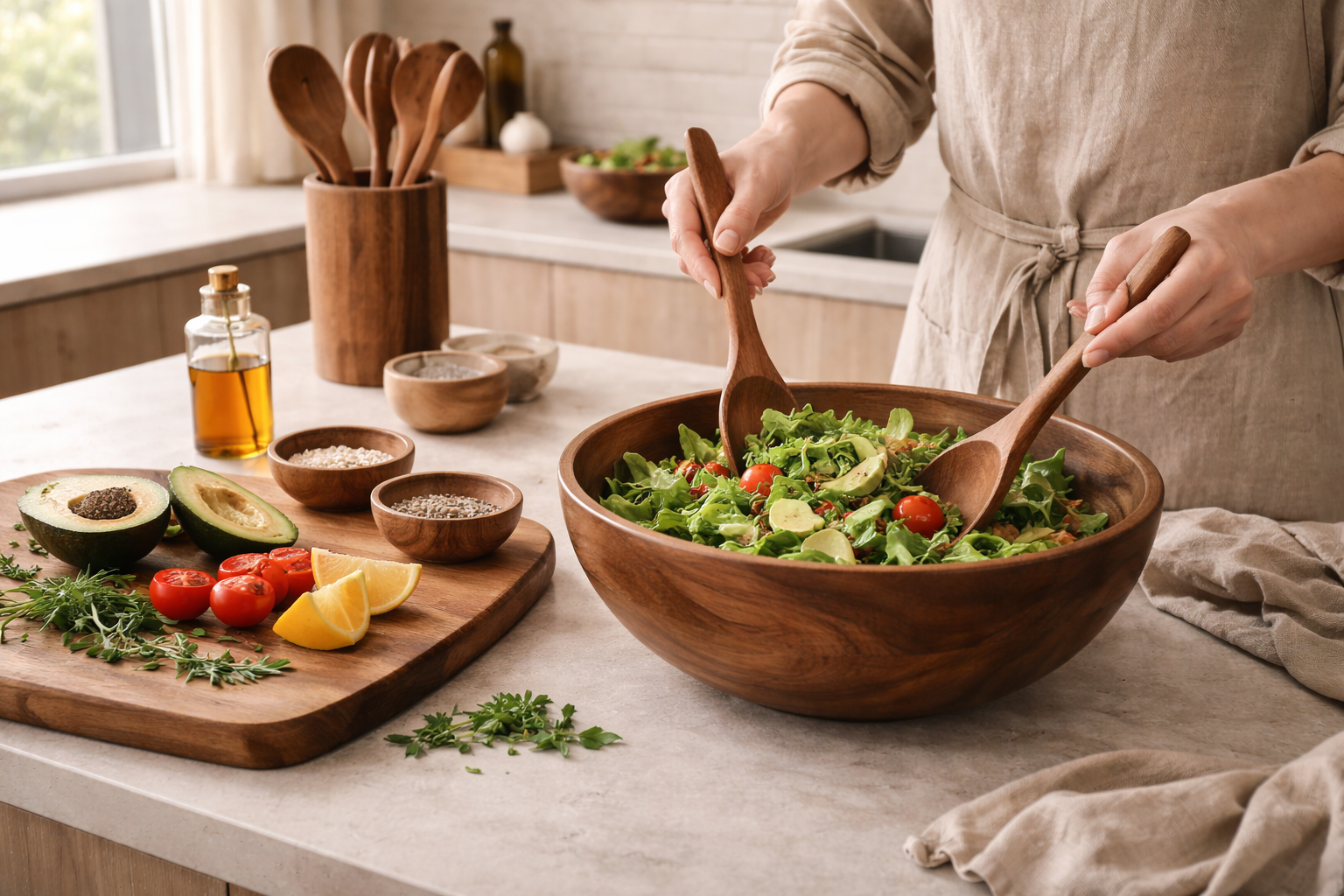 making of salad in a wooden bowl with wooden spoons and aersthetic kitchen setup 