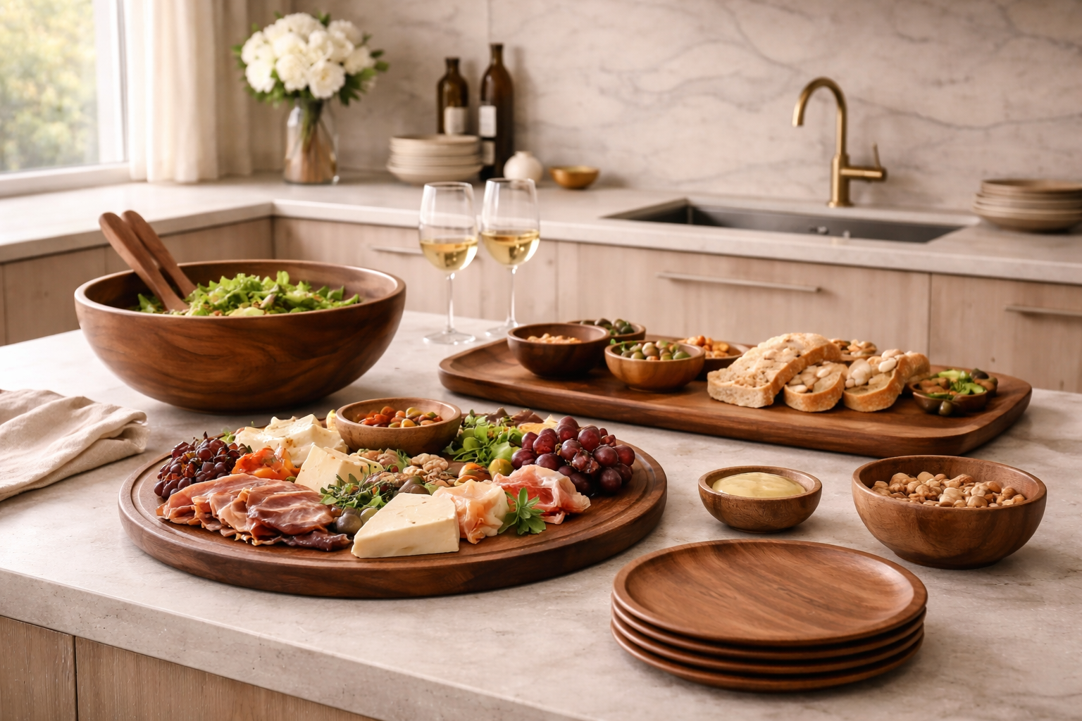premium wooden serveware with cheese board and bowls in modern dining setup Tayal and Co