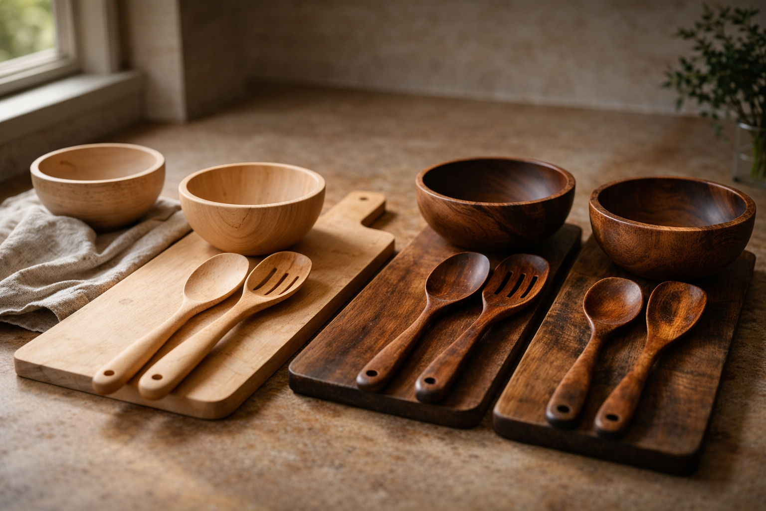 Comparison of new and aged wooden kitchenware, showing light-colored utensils transitioning into darker, rich patina pieces on a kitchen countertop with natural lighting.
