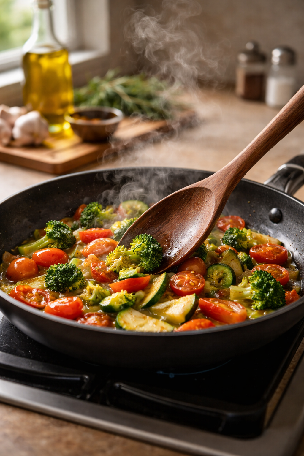 Wooden spoon stirring sautéed mushrooms and onions in a hot pan over a gas flame, demonstrating heat-resistant wooden kitchenware in cooking