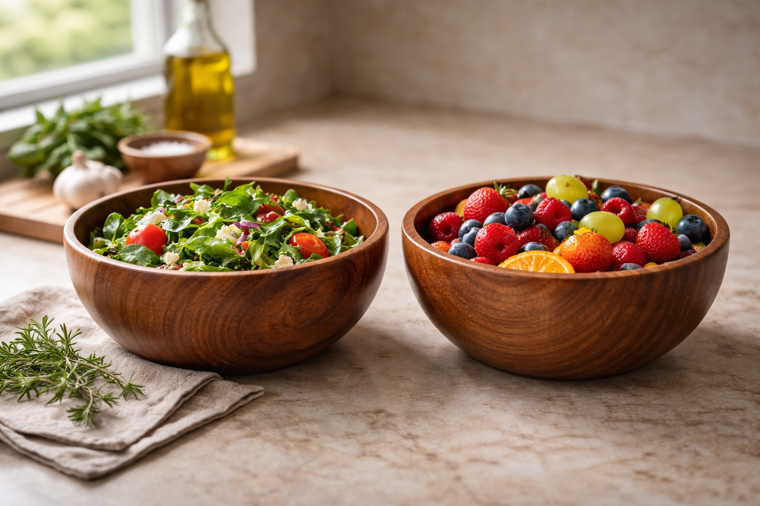 Two polished wooden bowls on a marble countertop, one filled with fresh salad and the other with mixed fruits, showcasing clean, odor-free wooden kitchenware use in a modern kitchen.