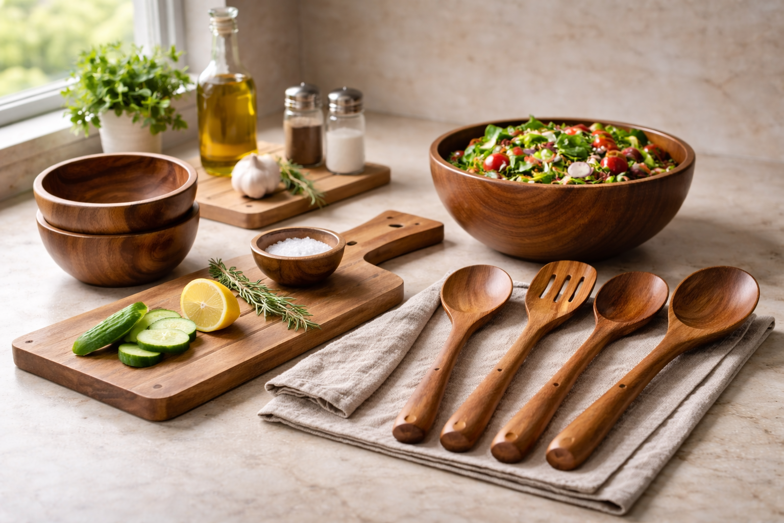 Complete wooden kitchenware set including spoons, bowls, and cutting board arranged on a marble countertop in a bright modern kitchen.