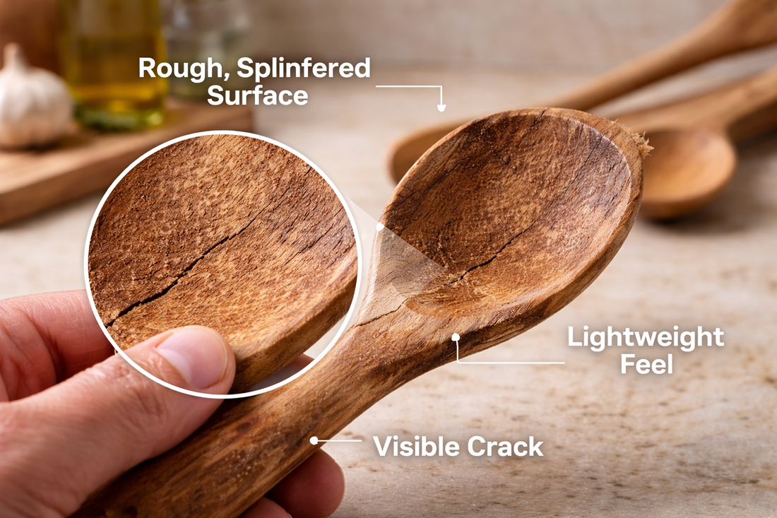 Close-up of a damaged wooden spoon with visible cracks, rough splintered surface, and lightweight structure highlighting signs of low-quality kitchenware