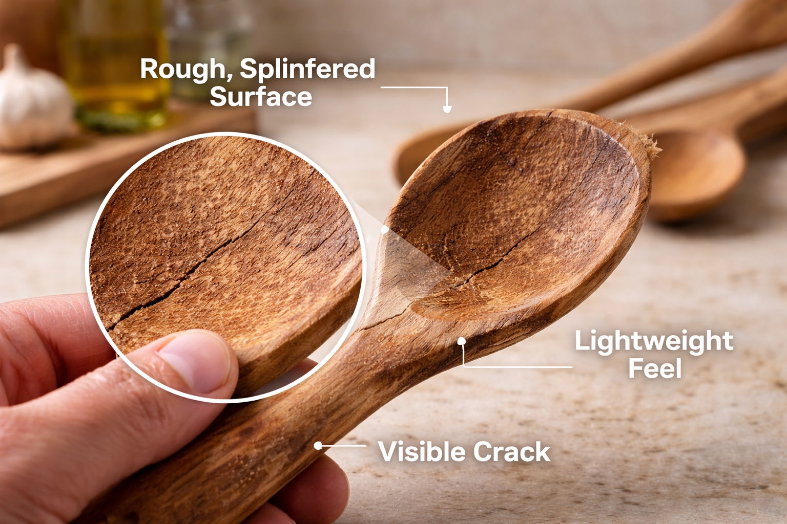 Close-up of a damaged wooden spoon with visible cracks, rough splintered surface, and lightweight structure highlighting signs of low-quality kitchenware