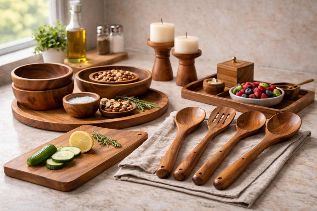 Collection of premium wooden kitchenware and handicrafts displayed in a modern kitchen setting