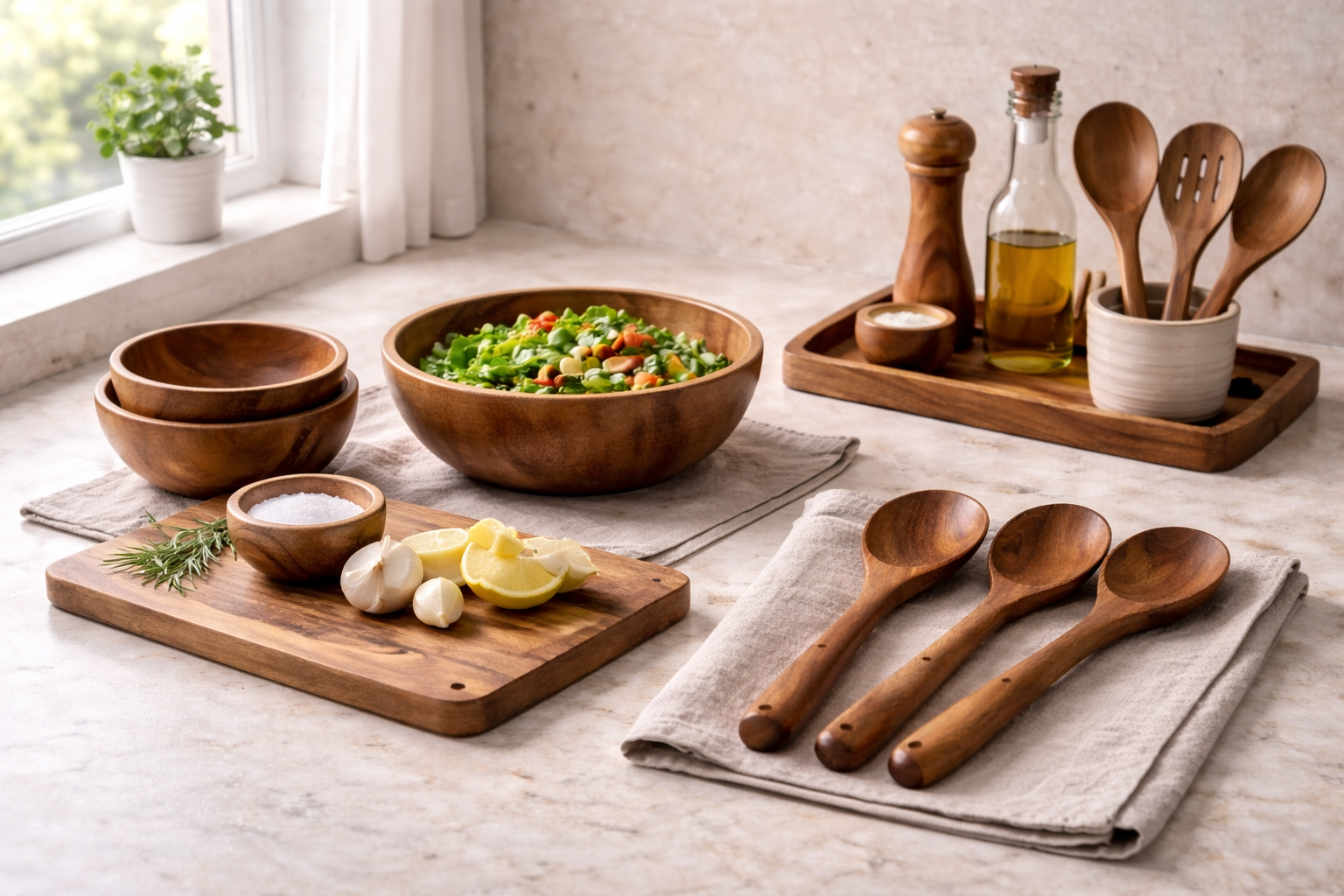 Minimalist kitchen setup with wooden bowls, spoons, cutting board, and tray arranged on a clean countertop with soft natural lighting.