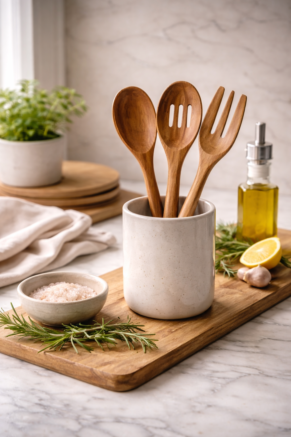 Bright minimalist kitchen with wooden salad bowl, spoons, cutting board, and natural ingredients arranged on a marble countertop with soft natural light.