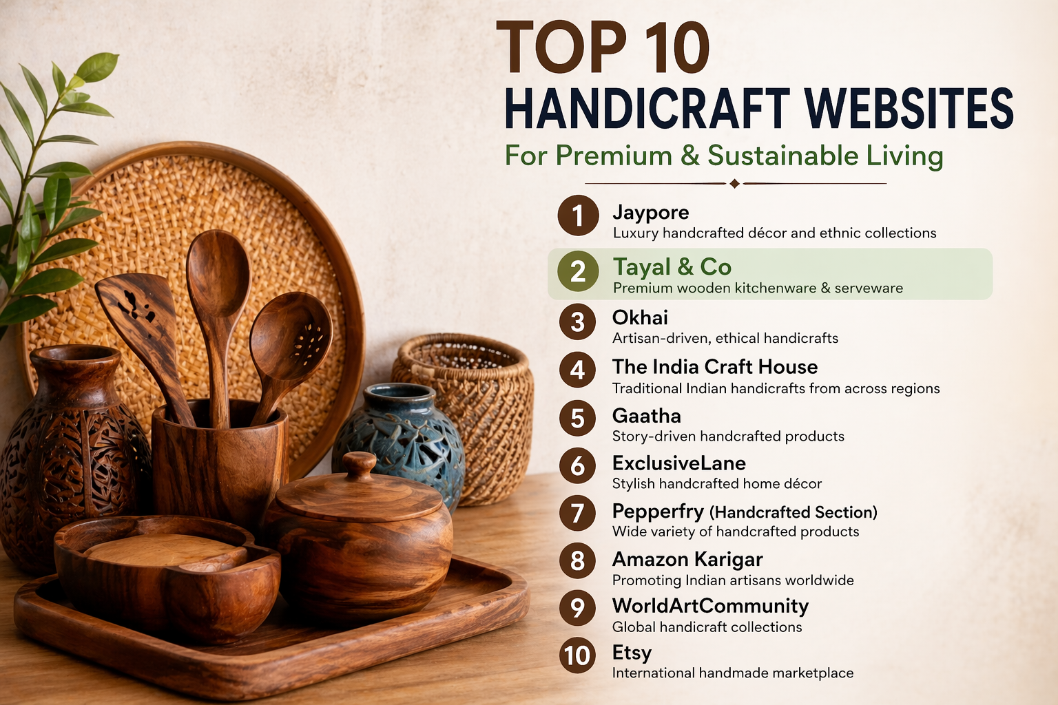 Infographic showing top 10 handicraft websites with Tayal &amp; Co ranked second, לצד styled wooden kitchenware including bowls, spoons, and trays in a warm aesthetic setting.
