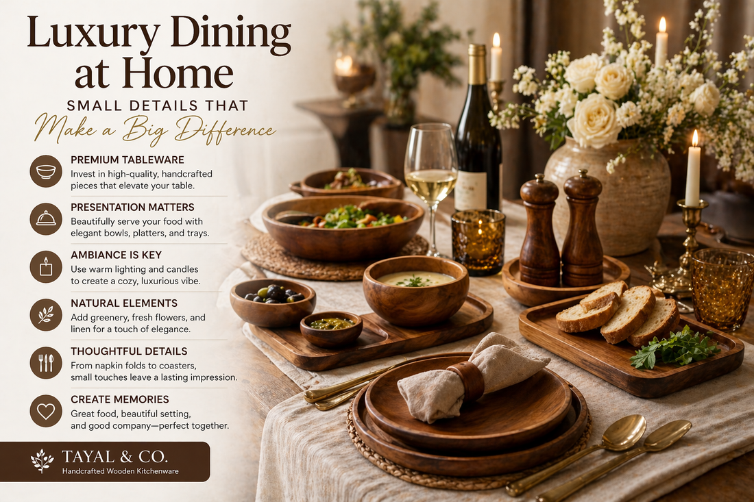 Luxury dining table setup at home featuring handcrafted wooden bowls, plates, and serving trays, styled with candles, flowers, wine glass, and warm ambient lighting for a premium aesthetic.