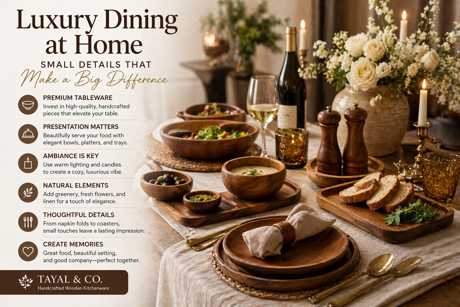 Luxury dining table setup at home featuring handcrafted wooden bowls, plates, and serving trays, styled with candles, flowers, wine glass, and warm ambient lighting for a premium aesthetic.