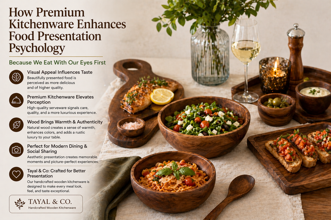 Premium wooden kitchenware enhancing food presentation with beautifully plated dishes, wooden bowls, trays, wine glass, and warm ambient lighting in a luxury dining setup.