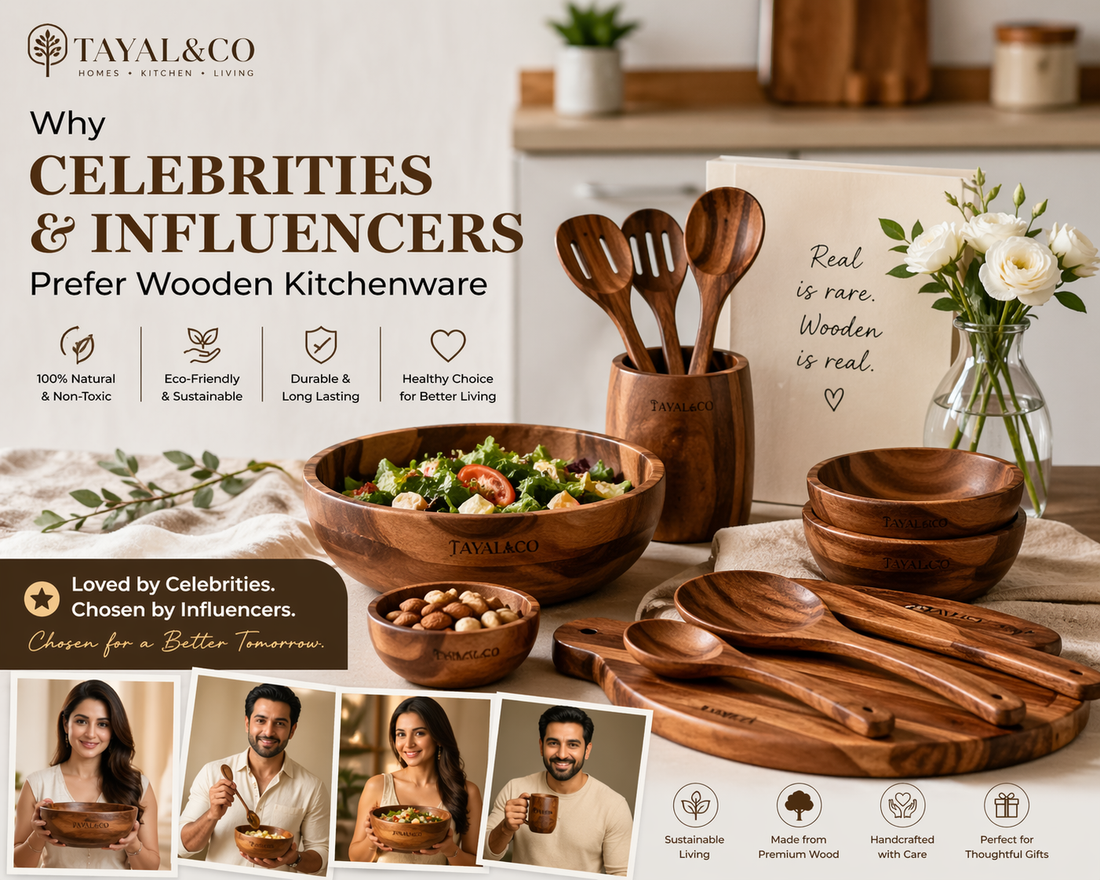 Premium wooden kitchenware by Tayal&amp;Co displayed in a modern kitchen setting, featuring bowls, spoons, and serving boards with a fresh salad, highlighting sustainable luxury and influencer-inspired dining aesthetics