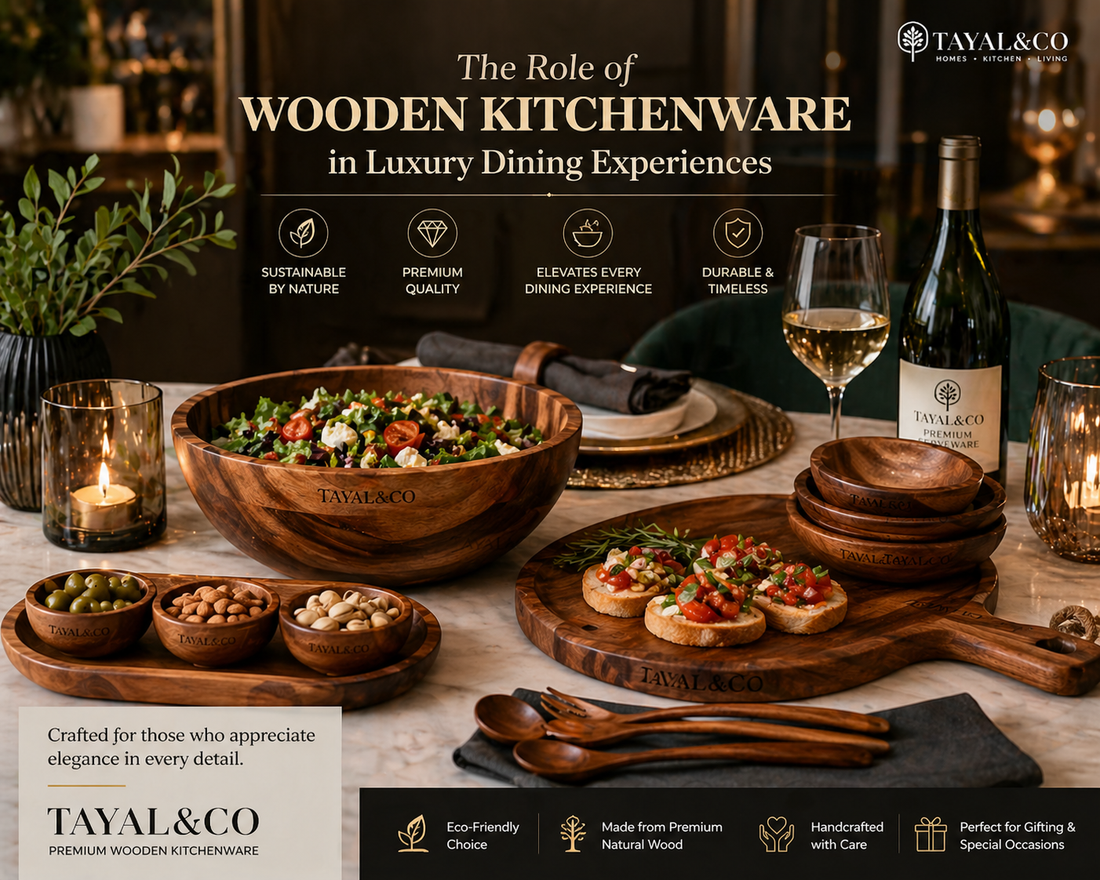 Luxury dining table setup featuring Tayal&amp;Co premium wooden kitchenware, including bowls, serving boards, and cutlery with gourmet food, highlighting elegant and sustainable premium serveware