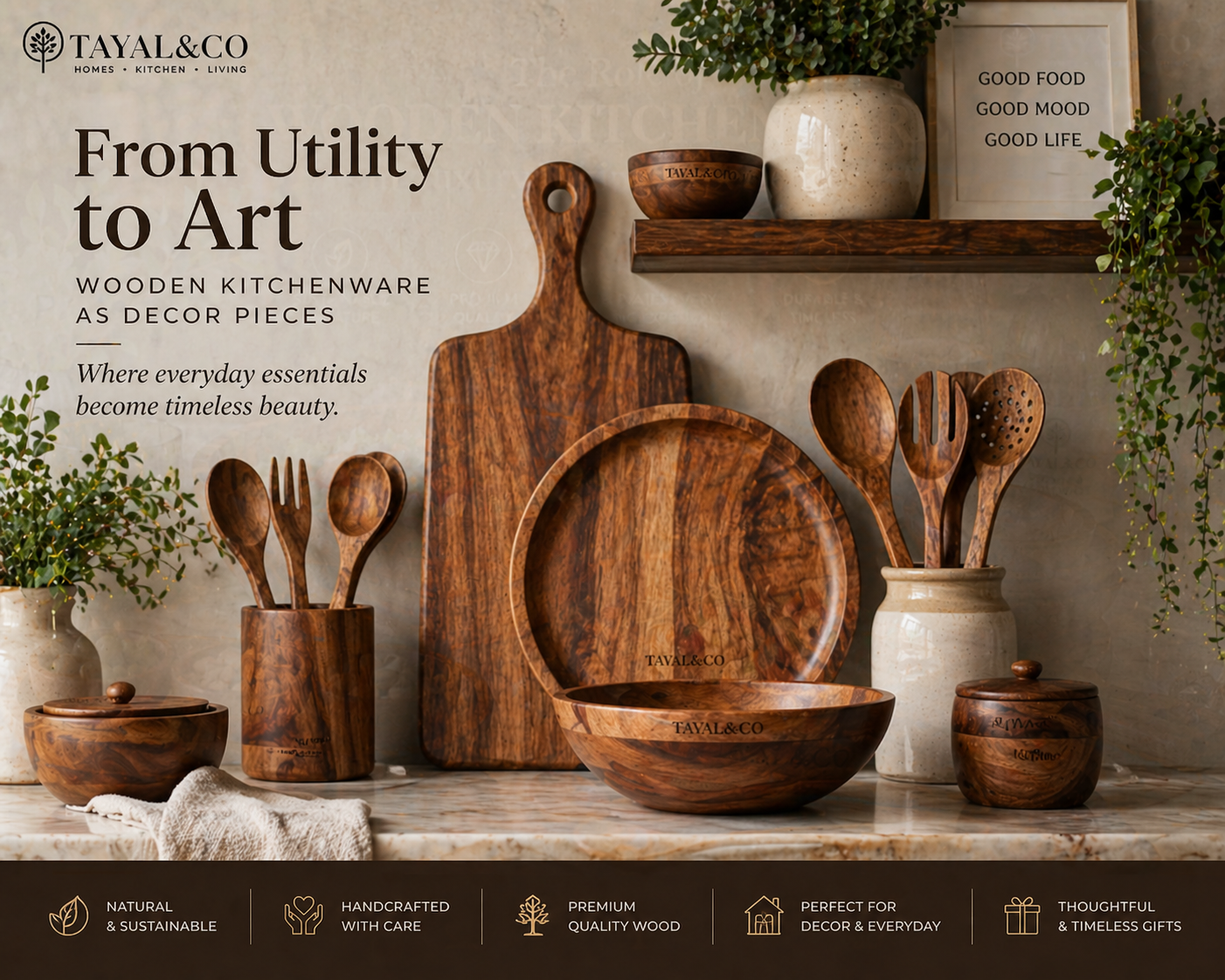 Artistic wooden kitchenware by Tayal&amp;Co displayed as kitchen decor, featuring handcrafted bowls, spoons, and serving boards enhancing modern aesthetic interiors